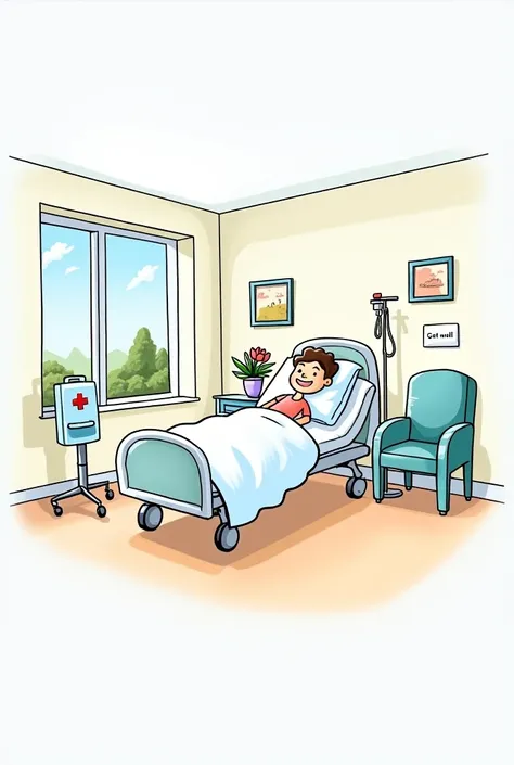 Dans un style de dessin enfantin simple, beginner , Draw a hospital room. 