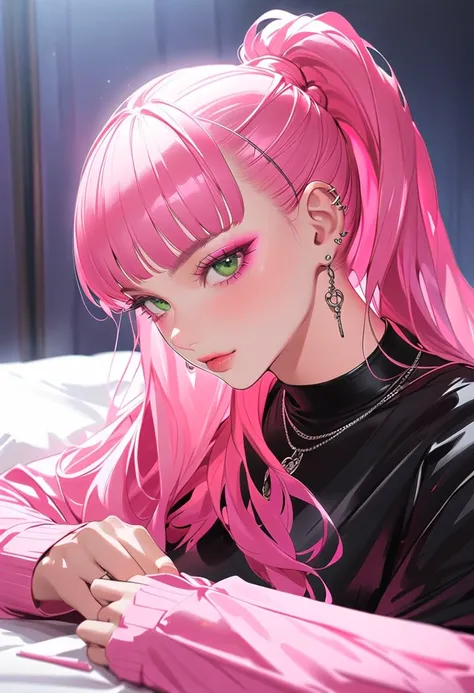 The character features a woman with long, bright pink hair tied in a high ponytail. Her face was firm, her lips seductive, with piercing green eyes shining and subtle pink makeup all around. He was wearing a black short-sleeved cartel style top with trouse...