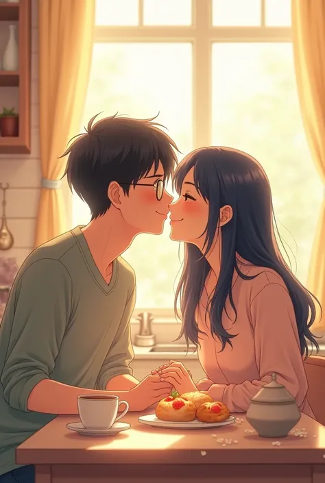 Anime cartoon Couple having a happy breakfast in the morning, the man with glasses and short black hair and the woman with long navy blue hair. kiss