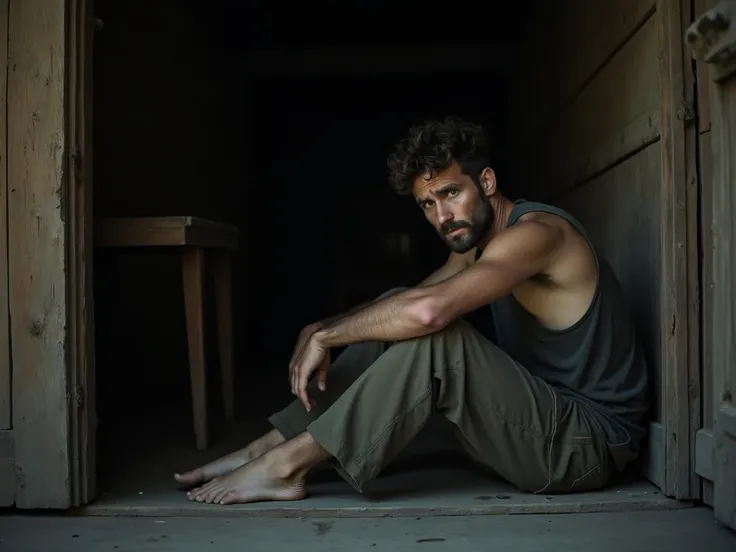 dark interior.  A tired dirty man sits on the floor .  The man has a small beard and tousled hair. dirty clothes. Dirty wood floor , old walls .  Wooden walls without windows ,  man sits with his back to the wall. Rustic interior , broken furniture. darkne...