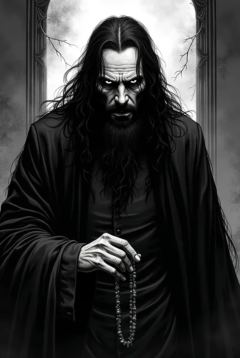 Black and white manga-style Rasputin images in dark gothic tones