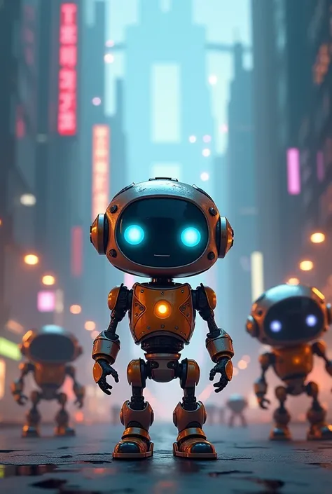 A small, shiny robot named Pip stands proudly in the heart of a futuristic city, with towering skyscrapers and glowing neon lights around him. Despite his small size, Pip’s blue eyes shine with determination and courage. In the background, larger, powerful...