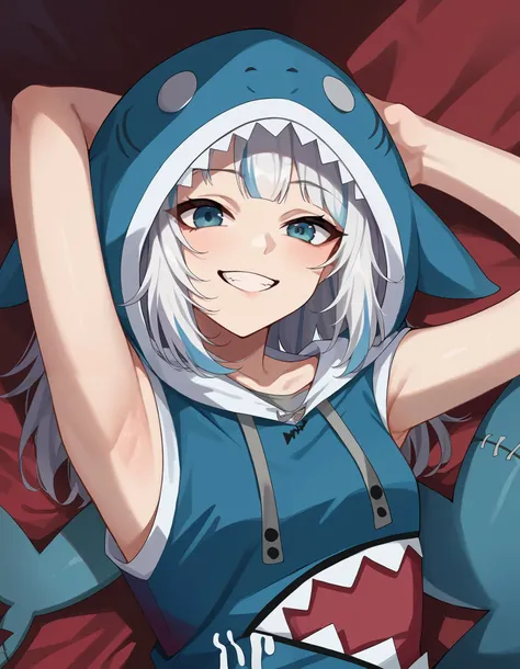  score_9,  score_6_up,  source_Anime,  1 girl, Alone,  penetrates , adult,  , ((Alone)), ((no text)), ((smile)), shark hoodie clothes,  armpits