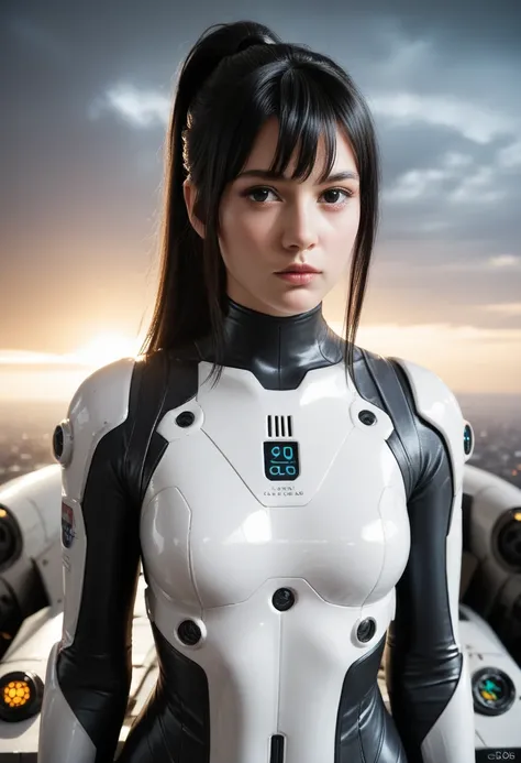 Score_9, score_8_up, score_7_up, score_6_up BREAK Fuj1noLB, 1girl, black hair, long hair, black eyes, ponytail, bangs, bodysuit, looking at viewer, mech pilot, mechanical background, futuristic, sci-fi, shiny, glossy, highly detailed, beautiful art, beauti...