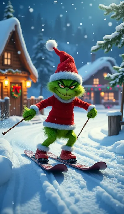 "An enchanting Christmas scene featuring the mischievous Grinch, dressed in a cozy red Santa hat, skiing down a glistening, icy mountain slope. The Grinch looks playful yet slightly grumpy, expertly navigating the snowy terrain with his signature grin. In ...