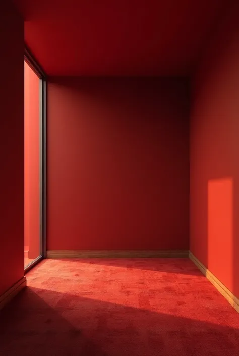 a minimalist room with red walls and also carpeted floors at night with a window  and also wooden accents as a divider between the wall and the floor