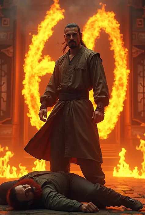 Steven Seagal avec sa queue de cheval et son bouc mulet se tient fièrement dans un temple shaolin en flammes qui forment le chiffre 60 . Steven sets foot on the body of the red-bearded Chuck Norris