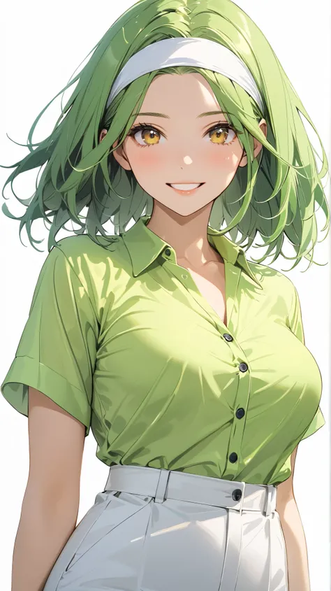 full body display ,semi realistic, Masterpiece, Master work, perfect , 4k, 1girl, young girl, mature body, medium size breast, short hair, middle parted hair style, showing forehead, wearing headband, neon green colored hair, yellow eyes, happy expression ...