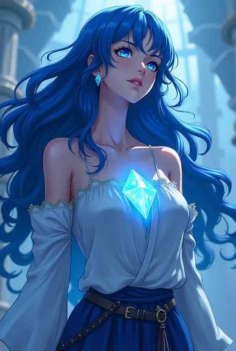 Sapphire has a ,60 m tall,  with fair skin and long hair ,  wavy and deep blue ,  that fall gently down to her waist .  Her eyes are shimmering blue ,  reflecting the color of the crystal on her chest .  She has a slender and athletic body ,  with smaller ...