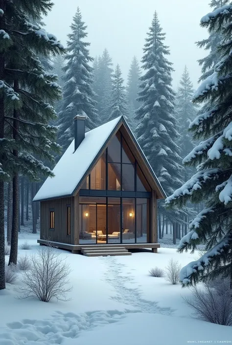 Unpainted Snow Cottage, glass ,  dark,  Snowy fir trees