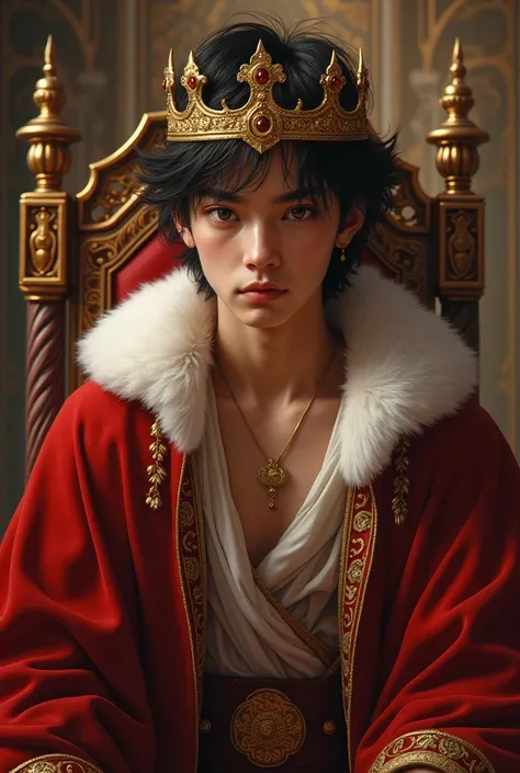 Boy king ,  light dark hair, gold tiara bracelet on the forehead ,  brown eye , royal robes , full-length audacity ,  sensuality , temptation,  royal throne