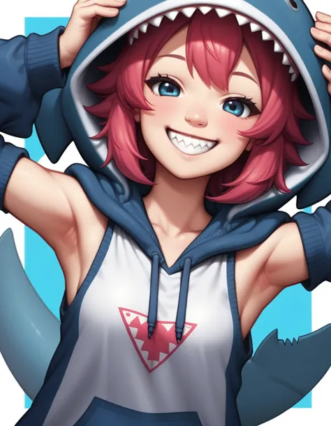  score_9,  score_6_up,  source_Anime,  1 girl, Alone,  penetrates , adult, (Prompts vary by image) , ((Alone)), ((no text)), ((smile)), shark hoodie clothes,  armpits