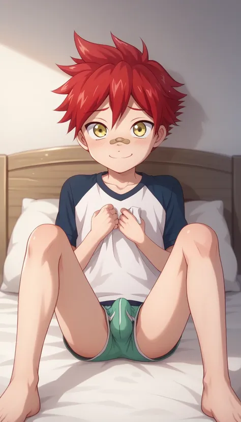   Masterpiece ,   High Quality   ,    ,   cute  , ,    , young, , Age Regression, Shota,cute boy , Stationary    ,    ,  perfect opaque , Perfect texture ,  Perfect sewing, shy ,  boys,1boy, male focus, , bandaid, bandaid on nose, aizen kunitoshi, red hair...