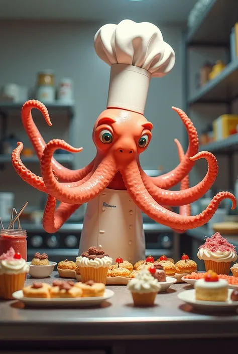 An octopus that is a pastry chef ,  doing several dishes and several tasks in the kitchen at the same time. 