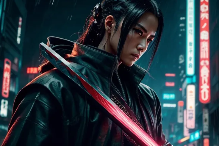  close-up of a person holding a sword in the rain, Cyberpunk art inspired by Liam Wong,  ArtStation ,   frame position  ,  Ninja with water wave sword , very beautiful  Cyberpunk Samurai ,  Cyberpunk Samurai , portrait of a  Cyberpunk Samurai , Rossdraws d...