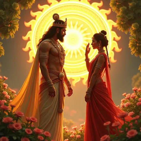 "A radiant Sun God, adorned in golden jewelry and resplendent robes, approaches his wife Chhaya. She is dressed in red saree with Gold jwellery, elegant attire with silver ornaments, standing in a serene garden filled with blooming flowers. Overwhelmed by ...