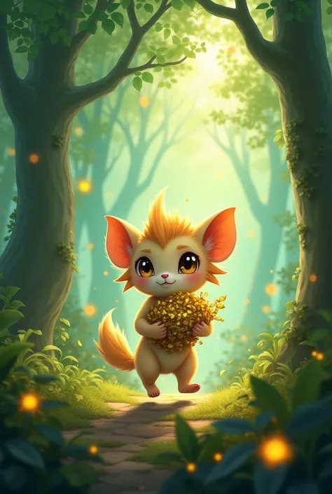 Labubu is carrying magic gold leaf in the forest