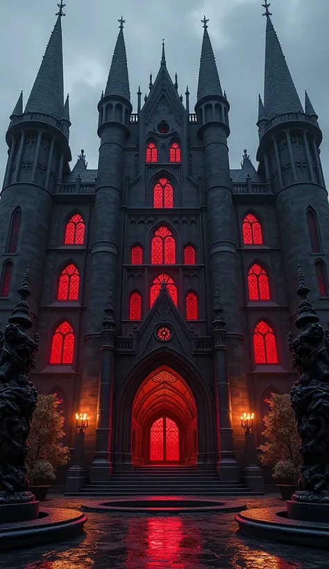 Satanism Hotel
A dark and dramatic five-star hotel inspired by gothic and occult themes, fully presented from the outside. The façade features black marble, towering spires, and crimson lighting casting eerie shadows. The grand entrance is framed by intric...