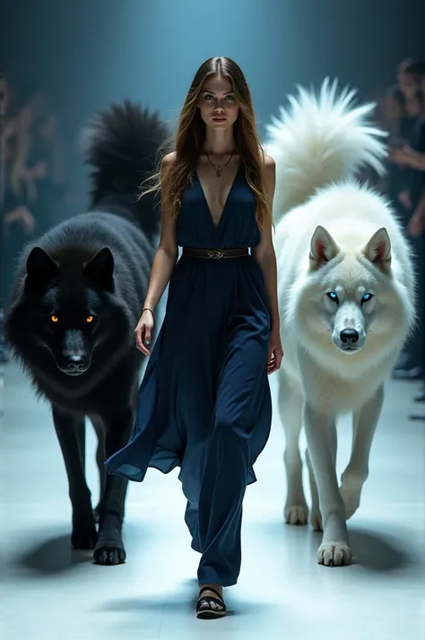 a woman walks confidently on the runway. she is accompanied by two large wolf tails ,  one black with flaming yellow eyes ,  and another white with sharp blue eye highlights ,they walk towards the camera .