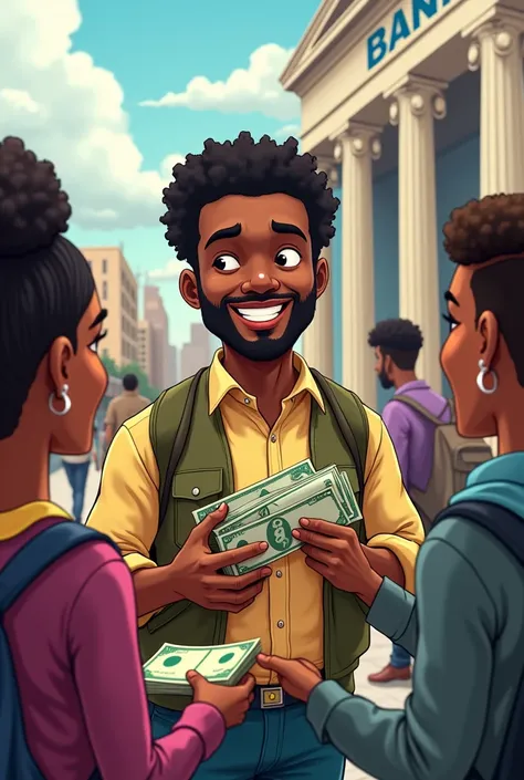 Create a black man in cartoon picture dividing money on a group of people near a bank 