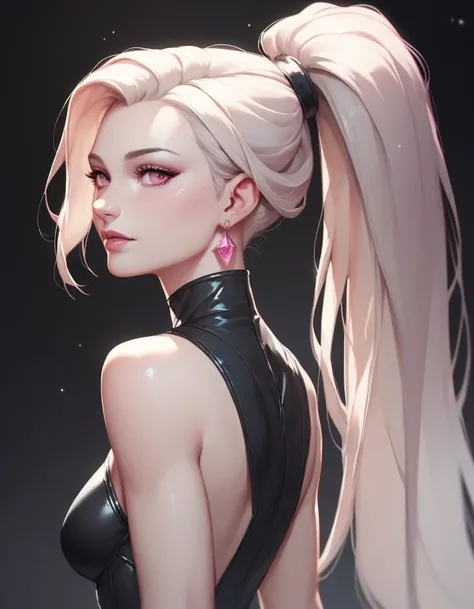 female black sleveless leather catsuit, racerback, bare shoulders, bare toned arms, beautiful faces, black ponytail with showing forehead, long ponytail, earrings, soft smooth skin, pale skin, black background, pink eyes, sci-fi