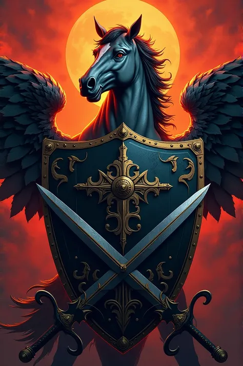 Shield-shaped coat of arms with a muscular front horse and two crossed swords. I want it to be in colors . capriche!