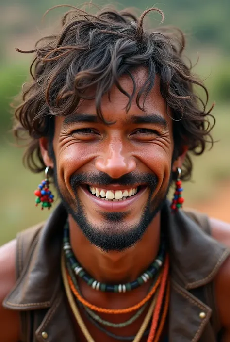  Scruffy hair framed a
kind face creased from sun and wind and dirt, with brows both overgrown
and patchy. Leather draped him, as well as colorful beaded necklaces and
jewelry on both ears. His wide grin was populated by few teeth