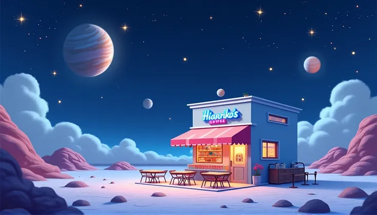 A small, stylized coffee shop, "Hiarrikos Coffee," sits on a moon-like landscape under a starry night sky. The shop, light bluish-gray with a reddish-pink awning, features neon-blue signage. Several tables and chairs are placed outside. The environment is ...