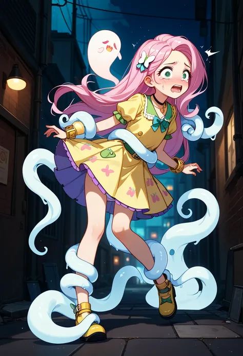  Shota Shota Fluttershy from the movie  " MLP Equestria Girlss hair",  yellow dress,  scared , ojos grandes,   in a dark alley ,  at night,  a ghost touches her ,  anime style.   Ghost tentacles grab her , Ghost lifts her skirt ,  white panties. A ghost ha...