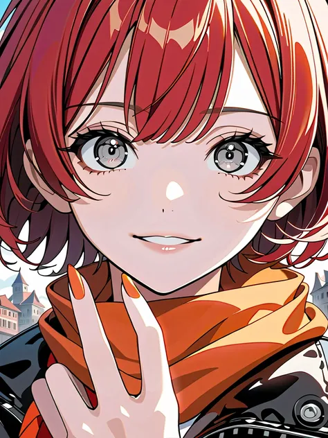 (masterpiece, ultra detailed, top quality), cel shading anime, solo girl, mid teens, evil grin, (shiny skin, beautiful fingers, pretty face, big gray eyes, red short hair:1.4), crown, orange scarf, leather jacket, fantasy town.