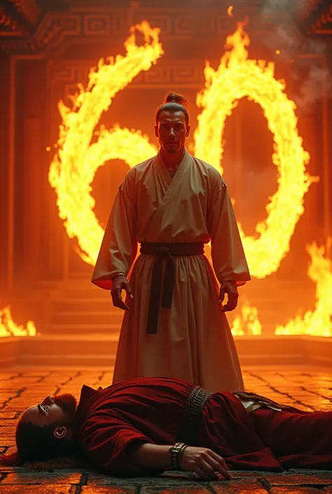 Steven Seagal avec sa queue de cheval et son bouc mulet se tient fièrement dans un temple shaolin en flammes qui forment le chiffre 60 . Steven sets foot on the body of Chuck Norris, who has a red beard and wears a Stepson.