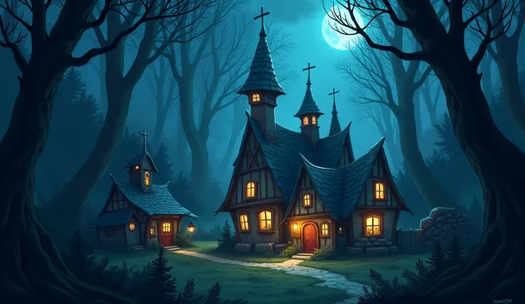 A small, remote village surrounded by dark, foggy forests under a twilight sky, creating a spooky and ominous atmosphere." Cartoon village 
