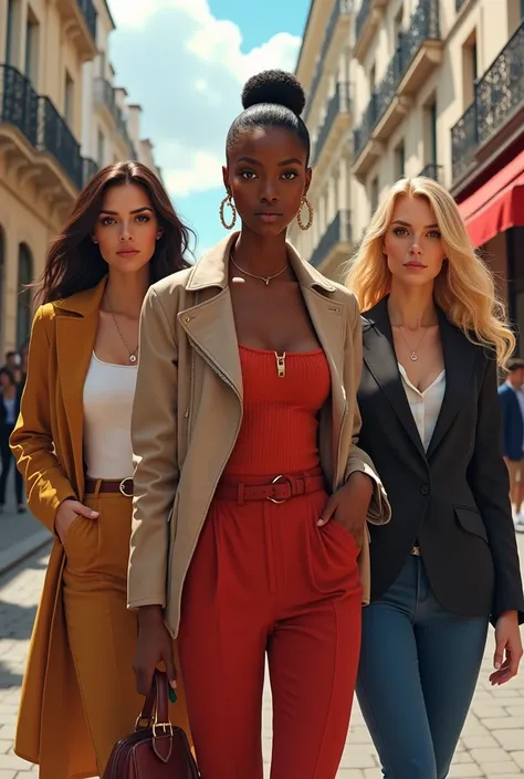  A pretty black woman, well-dressed and well-groomed, short and well-proportioned, and two well-groomed white girls , A straight brown hair and a blonde curly hair girl in Paris .  realistic image 