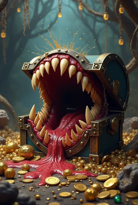 Masterpiece, Best Quality, 8K, Photographic Reality, Realistic, Full Body Image, fantasy treasure background, horryifing Treasure Chest with lid revealing rows of sharp teeth and a hungry, gaping mouth splash art (DnD)