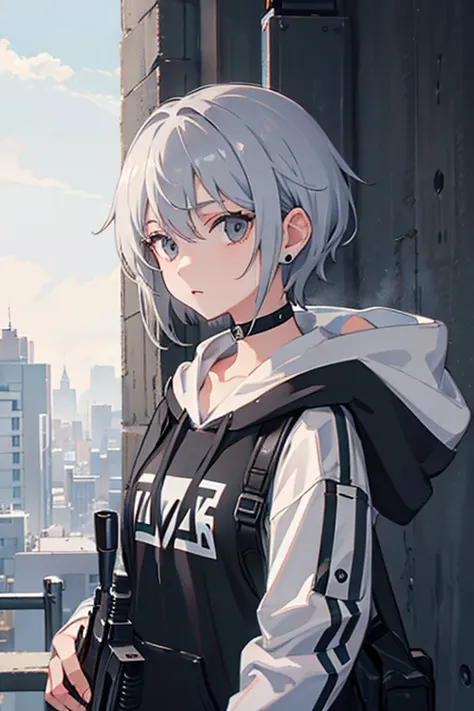  girl with gray hair, sniper gun, short hair, black eyes,Wearing earrings,Im wearing a black and white hoodie