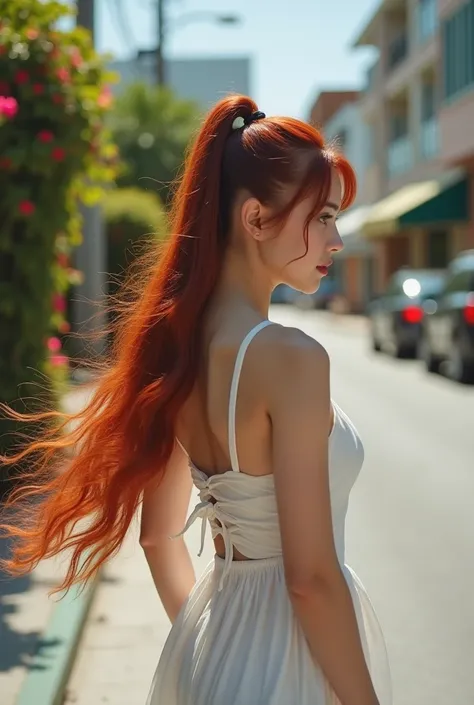 whole body ,korean woman, very long ruby red hair deep waves 2C ,  tied ponytail ,clear textured skin shiny and highlighter and lip gloss , Big black eyelashes, wearing a short dress tied to her body and a high white one and she is walking on a flowery Mia...