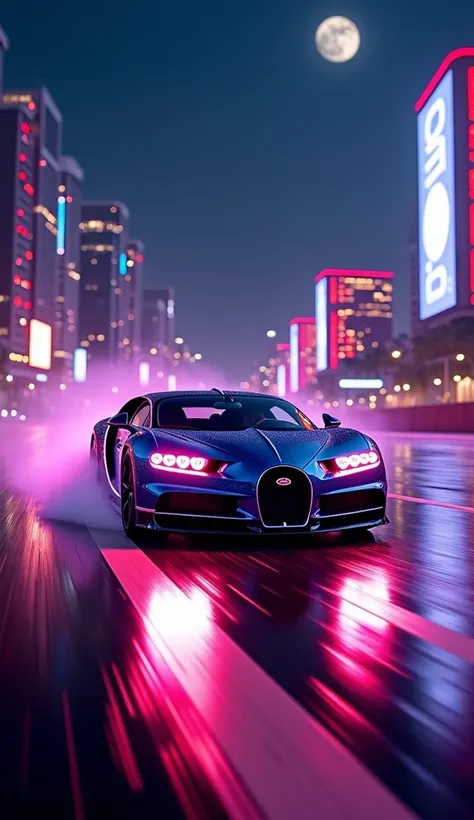 On a moonlit highway, the Bugatti Chiron Super Sport 300+ executes a precision drift, its sleek, aerodynamic silhouette reflecting the vibrant purple and crimson hues of futuristic neon streetlights. The hypercar’s sharp LED headlights blaze through the ni...