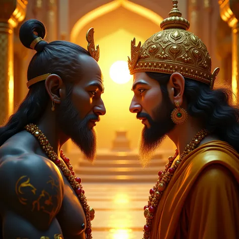 "The Sun God, in his grand palace made of glowing gold and gemstones, looks at the dark-complexioned Shani Dev with a mix of sadness and disbelief. His golden crown and fiery aura contrast starkly with the ’s deep, dark hue." Very ultra clean hd 4k realist...