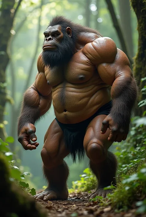 (side view:1.1),prehistoric era, (photo of a Neanderthals:1), (hyper realistic:1.4), (Neanderthal man:1.4),(big bulge:1.5), tall, bulky,hulk body, big forearms,  chubby belly, (very muscular:2), (hairy body:1.5),(detail face:1.1), tan skin, thick arms, (ve...