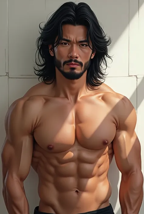 full portrait of an asian handsome man with muscle with little beard and long hair