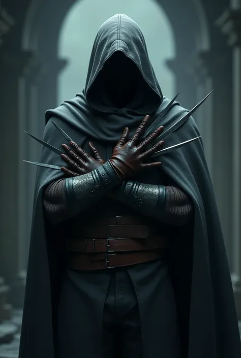 assassin with a gray hoodie and a trouser with 4 small 50 centimetres long sharp blades attach to each finger on a leather gloves
