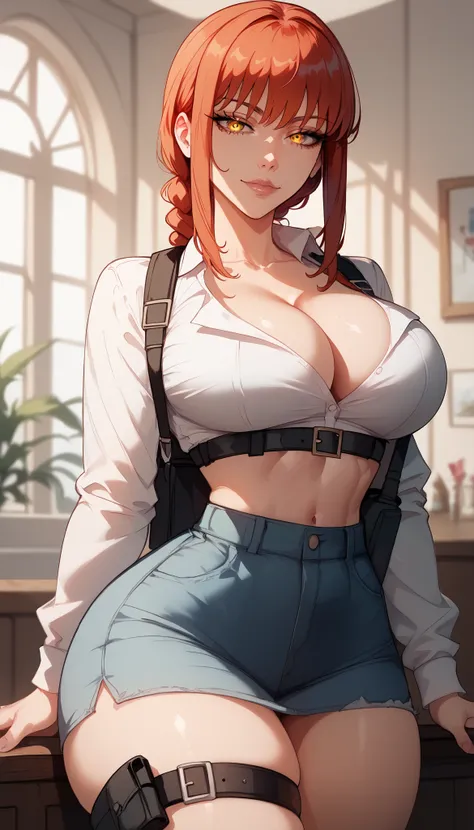  perfect eyes、 perfectly sexy face、 ultra detailed 、ultra perfect eyes、Makima、Chainsaw Man、 shiny hair 、( Big breasts ), showing cleavage、 tight waist 、 thin waist 、 Thigh straps 、 shiny skin、Beleza、erotic、 looking at the viewer 、Makima by Terno、