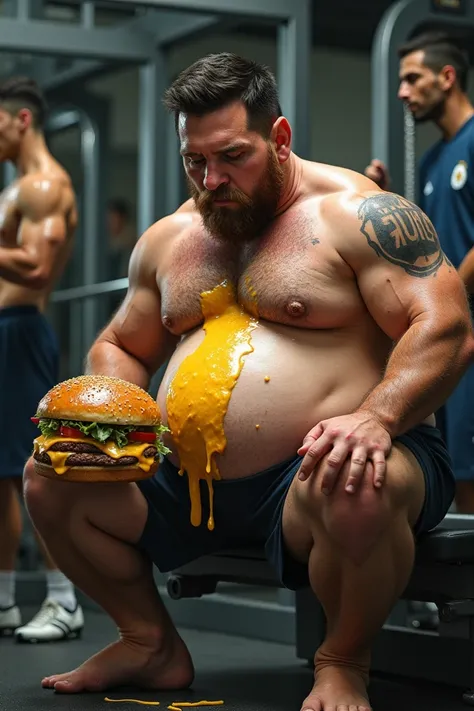 Realistic Obesity Messi sitting on a gym bench with a giant burger in his hands, cheese dripping onto his big stomach, while Ronaldo yells, "Put the burger down and pick up the weights!"