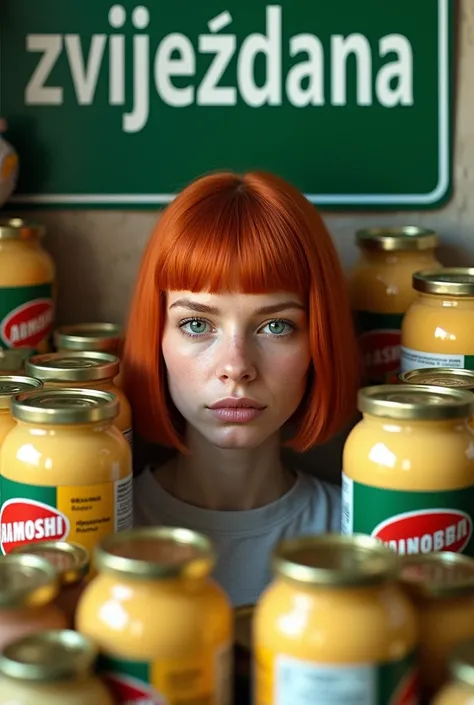 Ginger woman with straight short hair. Around her a lot of cans and tubes of mayonaise with a green sign ZVIJEZDANA