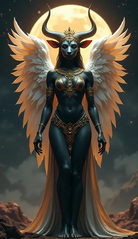  full-body anthropomorphic New Age Godess, using crown, black skin, cabeça de touro e bico de pombo com asas brancas, planeta Vênus, corpo de mulher sensual 