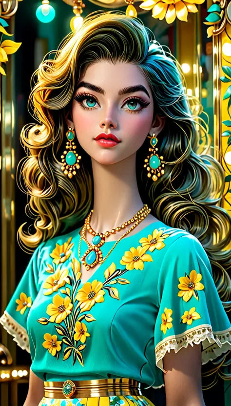 1girl, beautiful detailed eyes, beautiful detailed lips, extremely detailed face, long eyelashes, turquoise top, yellow floral skirt, earrings, necklace, retro fashion, elegant, glamorous, vibrant colors, cinematic lighting, nostalgic, timeless, high quali...