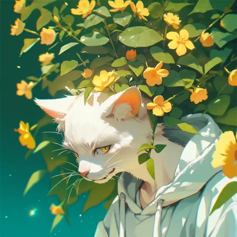 A small flower bud grows on the top of the head of the little white cat