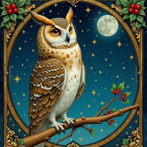  mystical Christmas night scene in the Art Nouveau style by Alphonse Mucha :
 - Mysterious Little Owl as Divine Guardian , perched on an Gorgeous golden branch
- Flowing curved lines and decorative elements typical of Muchas work
- Deep midnight blue sky f...