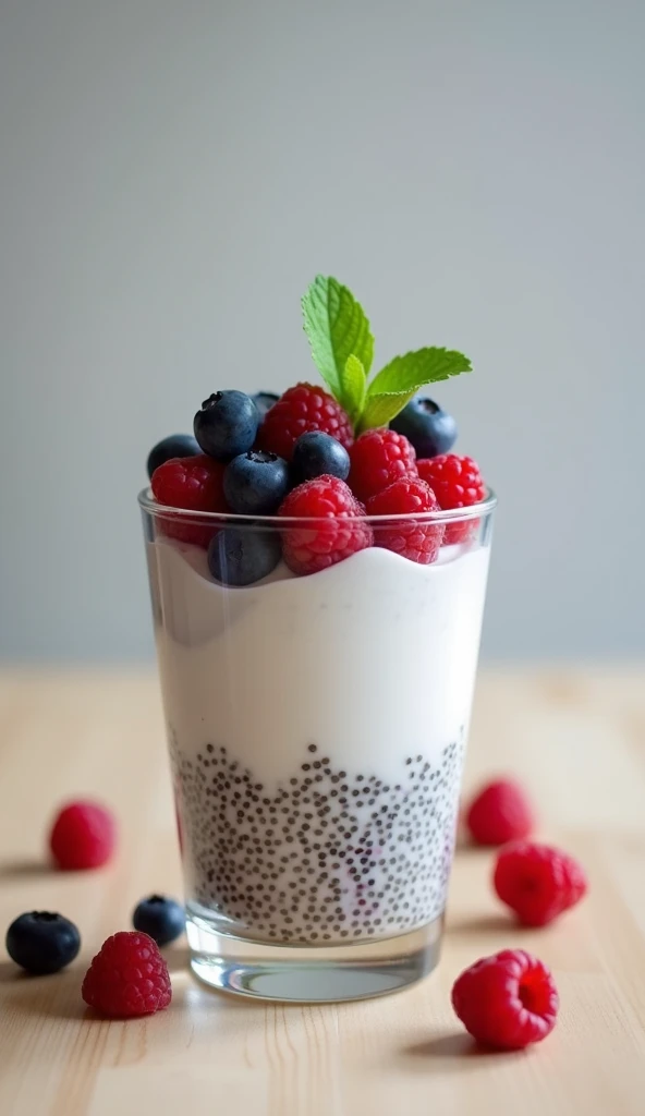 "A glass jar of chia pudding layered with almond milk and topped with fresh blueberries, raspberries, and a mint leaf, placed on a light wooden table with a minimalist background."do pictures. this prompt will be cinematic, hyperrealistic, 8k and 9:16