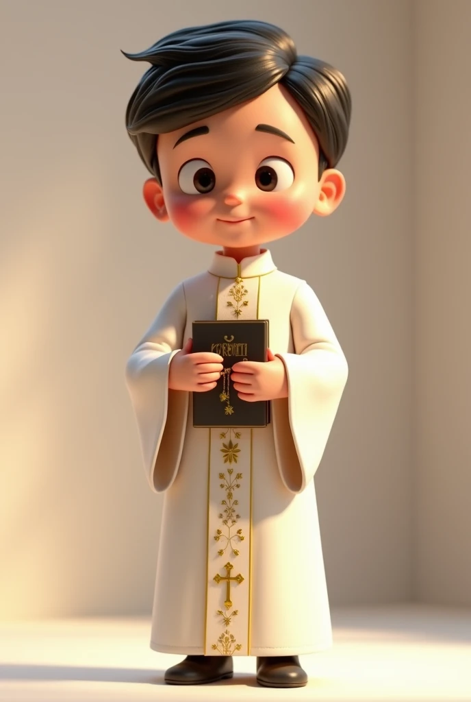 An animated male boy in 3D communion dress holding a rosary and a book in his hands , Let him stand and be seen in full body  